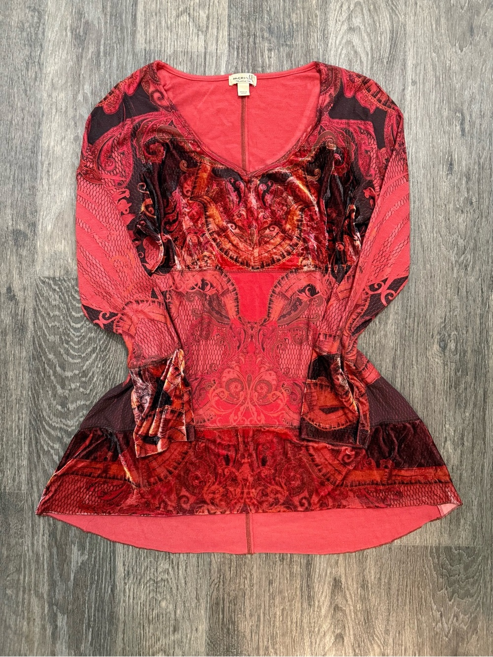 One World Red Velvet-Accent V-Neck Women's Top